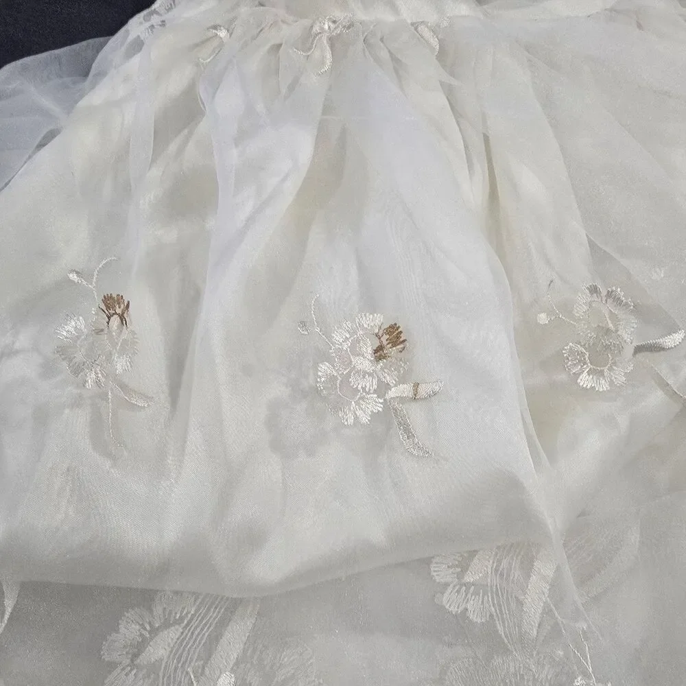 Cream Formal Midi Tea Dress Med Chiffon Bows Sheer Layer Fit Flare Cottage Fairy